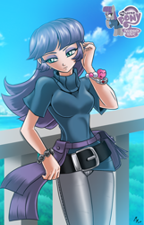 Size: 1030x1600 | Tagged: safe, artist:mauroz, maud pie, human, belt, bracelet, cameltoe, clothes, humanized, my little pony logo, short-sleeved sweater, solo, sweater, turtleneck