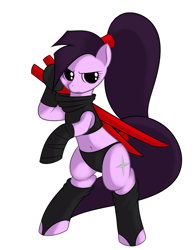 Size: 735x945 | Tagged: safe, artist:kloudmutt, oc, oc only, earth pony, pony, belly button, bipedal, clothes, female, mare, midriff, ninja, ninjato, pony tails, solo