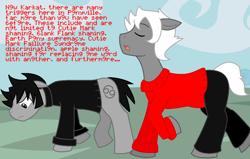 Size: 1206x768 | Tagged: safe, artist:voltrathelively, clothes, homestuck, kankri vantas, karkat vantas, ponified, sweater