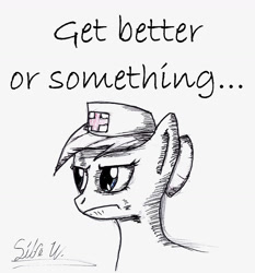 Size: 1344x1445 | Tagged: safe, artist:silfe, nurse redheart, earth pony, pony, bust, female, mare, monochrome, nurse hat, signature, simple background, solo, text, white background