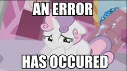 Size: 864x484 | Tagged: safe, edit, edited screencap, screencap, sweetie belle, sweetie bot, pony, robot, robot pony, unicorn, friendship is witchcraft, blank flank, female, filly, floppy ears, foal, hooves, horn, image macro, lying down, prone, solo, text