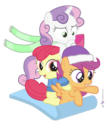 Size: 1300x1480 | Tagged: safe, artist:dm29, apple bloom, scootaloo, sweetie belle, clothes, cutie mark crusaders, hat, scarf, simple background, sled, sweater, transparent background, trio, vector