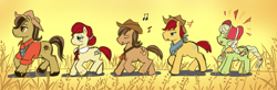 Size: 900x296 | Tagged: safe, artist:tomato-al, granny smith, happy trails, pokey oaks, prairie tune, sew 'n sow, pony, apple family, apple family member, eyes closed, lidded eyes, music notes, no catchlights, profile