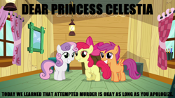 Size: 1280x720 | Tagged: safe, edit, edited screencap, screencap, apple bloom, scootaloo, sweetie belle, caption, clubhouse, crusaders clubhouse, cutie mark crusaders, image macro, meme