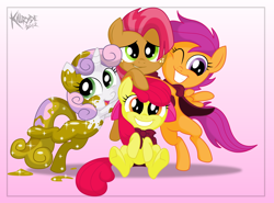 Size: 2300x1700 | Tagged: safe, artist:killryde, apple bloom, babs seed, scootaloo, sweetie belle, cape, clothes, cutie mark crusaders, luster dust, sweetie gold