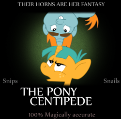 Size: 608x600 | Tagged: safe, artist:sasfalcon, snails, snips, pony, unicorn, magic duel, colt, conjoined by horn, male, parody, the human centipede