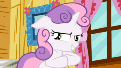 Size: 960x540 | Tagged: safe, sweetie belle, sleepless in ponyville, animated, grin, plotting, sinister