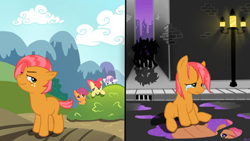 Size: 900x506 | Tagged: safe, artist:minthasumy, apple bloom, babs seed, scootaloo, sweetie belle, babsbuse, bullying, crying, cutie mark crusaders, manehattan, sad