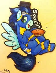 Size: 776x1000 | Tagged: safe, artist:onnanoko, soarin', badge, cute, pie, soarinbetes, solo, that pony sure does love pies, traditional art