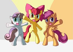 Size: 849x600 | Tagged: safe, artist:nac0n, apple bloom, scootaloo, sweetie belle, pony, bipedal, cutie mark crusaders