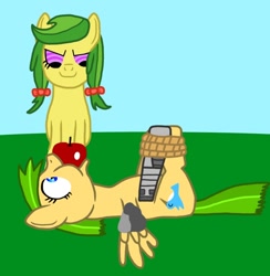 Size: 828x848 | Tagged: safe, artist:vincentthecrow, apple fritter, oc, oc:gold star, amputee, apple family member, apple gag, background pony, bondage, gag, love poison, prosthetic limb, prosthetics, rock