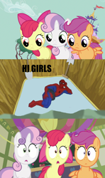 Size: 1128x1905 | Tagged: safe, edit, edited screencap, screencap, apple bloom, scootaloo, sweetie belle, hearts and hooves day (episode), 60s spider-man, comic, cutie mark crusaders, hearts and hooves day, mattress, meme, pit, screencap comic, shovel, spider-man