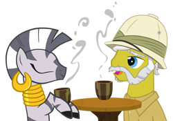 Size: 800x560 | Tagged: safe, artist:queencold, zecora, oc, zebra, colonel mustard, hat, pith helmet, simple background, story in the comments, transparent background