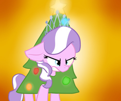 Size: 1200x1000 | Tagged: safe, artist:littleblackraencloud, diamond tiara, pony, angry, christmas tree, costume, crown, cute, diamondbetes, female, filly, floppy ears, jewelry, regalia, solo, standing, tree costume