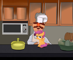 Size: 1024x853 | Tagged: safe, artist:the-riph, scootaloo, kitchen, scootachicken, scootaloo is not amused, swedish chef, the muppets, unamused