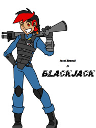 Size: 768x1024 | Tagged: safe, artist:artiestroke, oc, oc only, oc:blackjack, human, fallout equestria, fallout equestria: project horizons, clothes, fanfic, fanfic art, female, grin, gun, humanized, pipbuck, security armor, shotgun, simple background, smiling, solo, teeth, vault security armor, vault suit, weapon, white background