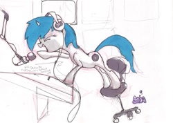 Size: 1553x1108 | Tagged: safe, artist:jump-cut, oc, oc only, oc:homage, pony, unicorn, fallout equestria, earmuffs, eyes closed, fanfic, fanfic art, female, headphones, horn, mare, microphone, open mouth, sketch, solo