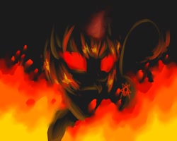 Size: 900x720 | Tagged: safe, artist:konataidzumi, pony, unicorn, fire, hell, satanic