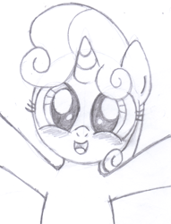 Size: 1220x1600 | Tagged: safe, artist:an-tonio, sweetie belle, blushing, cute, diasweetes, looking at you, monochrome, open mouth, sketch, smiling, solo, traditional art