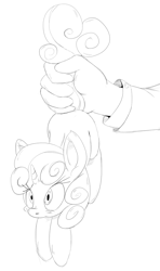 Size: 593x1000 | Tagged: safe, artist:purple-yoshi-draws, sweetie belle, human, pony, blushing, hand, holding a pony, monochrome, tail, tail hold, tail pull