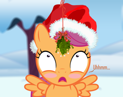 Size: 2762x2193 | Tagged: safe, artist:shutterflyeqd, part of a set, scootaloo, blushing, hat, holly, holly mistaken for mistletoe, mistleholly, mistletoe, santa hat, snow, solo, wide eyes, wingboner