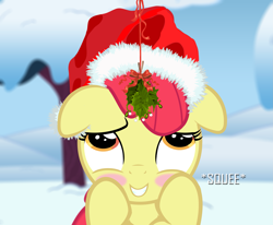 Size: 2975x2454 | Tagged: safe, artist:shutterflyeqd, part of a set, apple bloom, adorabloom, blushing, cute, facing you, hat, holly, holly mistaken for mistletoe, mistleholly, mistletoe, santa hat, snow, solo, squee