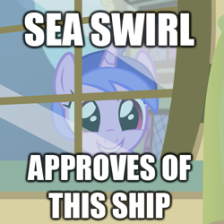 Size: 591x591 | Tagged: safe, artist:tritebristle, sea swirl, seafoam, approves, happy, image macro, shipping, text