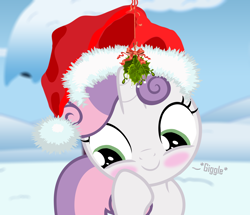 Size: 3124x2687 | Tagged: safe, artist:shutterflyeqd, part of a set, sweetie belle, blushing, cute, diasweetes, giggling, hat, holly, holly mistaken for mistletoe, mistleholly, mistletoe, santa hat, snow, solo