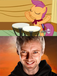 Size: 431x570 | Tagged: safe, edit, edited screencap, screencap, scootaloo, human, pegasus, pony, clothes, cutealoo, doctor who, drums, exploitable meme, female, filly, hoodie, irl, irl human, male, meme, photo, saxon master, the master