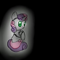 Size: 1000x1000 | Tagged: safe, artist:mykittyjasper, sweetie belle, sweetie bot, pony, robot, robot pony, unicorn, female, filly, foal, hooves, horn, looking back, sitting, solo