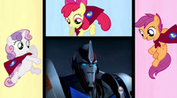 Size: 1018x568 | Tagged: safe, edit, edited screencap, screencap, apple bloom, scootaloo, sweetie belle, one bad apple, cutie mark crusaders, hub logo, smokescreen, transformers, transformers prime