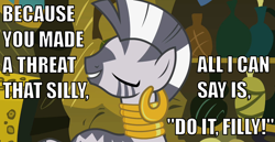 Size: 1260x650 | Tagged: safe, zecora, zebra, caption, do it filly, image macro, reaction image, zecora's hut