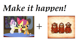 Size: 845x452 | Tagged: safe, apple bloom, scootaloo, sweetie belle, cutie mark crusaders, exploitable meme, make it happen, milkshake, three wise monkeys