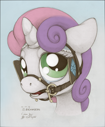 Size: 1054x1276 | Tagged: dead source, safe, artist:ecmajor, artist:tlatophat, sweetie belle, bit, bit gag, blinders, bridle, crying, gag, solo, teary eyes