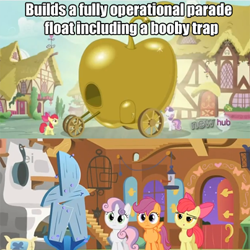 Size: 403x403 | Tagged: safe, edit, edited screencap, screencap, apple bloom, scootaloo, sweetie belle, one bad apple, stare master, caption, cutie mark crusaders, float, hub logo, image macro, table