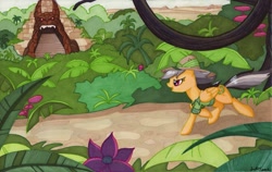 Size: 971x614 | Tagged: safe, artist:jenkiwi, daring do, pegasus, pony, desert, female, jungle, mare, running, solo, temple, traditional art