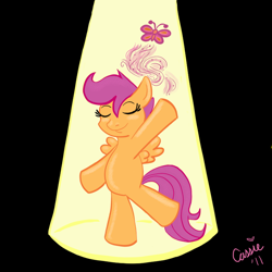 Size: 600x600 | Tagged: safe, artist:wolf-fairy, scootaloo, pegasus, dancing, female, filly, orange coat, purple mane, solo