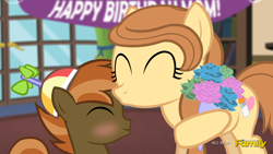 Size: 1920x1080 | Tagged: safe, artist:shutterflyeqd, button mash, oc, oc:cream heart, blushing, bouquet, discovery family logo, fake screencap, female, flower, forehead kiss, i can't believe it's not hasbro studios, kissing, mother, mother and child, mother and son, parent and child, son