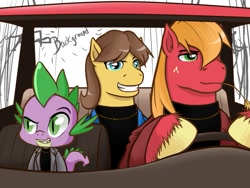 Size: 723x543 | Tagged: safe, artist:redhotkick, big macintosh, caramel, spike, dragon, earth pony, pony, ask big red macintosh, caramel is awesome, male, night at the roxbury, stallion, what is love