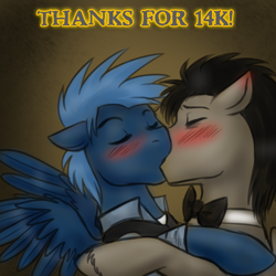 Size: 750x750 | Tagged: safe, artist:jitterbugjive, doctor whooves, star hunter, blushing, discord whooves, gay, jack harkness, kissing, male, shipping, stardoc