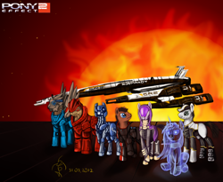 Size: 2200x1800 | Tagged: safe, artist:dalagar, armor, commander shepard, edi, garrus vakarian, geth, jeff "joker" moreau, krogan, legion, mass effect, mass effect 2, n7 armor, normandy, normandy sr-2, ponified, quarian, tali'zorah vas normandy, turian, urdnot wrex