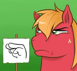 Size: 372x345 | Tagged: safe, artist:redhotkick, big macintosh, earth pony, pony, ask big red macintosh, bust, freckles, frown, gradient background, hand, i'm watching you, male, observer, pictogram, portrait, reaction image, sign, solo, squint, stallion