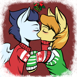 Size: 700x700 | Tagged: dead source, safe, artist:ryephoenix, braeburn, soarin', ask braeburn, ask braeburn!, christmas, christmas sweater, clothes, gay, kissing, male, mistletoe, shipping, soarburn