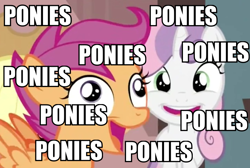 Size: 716x481 | Tagged: safe, edit, edited screencap, screencap, scootaloo, sweetie belle, one bad apple, caption, derp, image macro, jumping, pronking