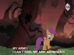 Size: 768x576 | Tagged: safe, scootaloo, sleepless in ponyville, arm, hub logo, low quality, text, tree, woody scarelston