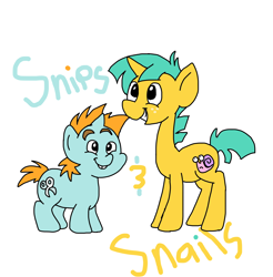 Size: 1576x1600 | Tagged: safe, artist:the-pencil-pegasus, snails, snips, pony, unicorn, colt, duo, duo male, freckles, horn, male