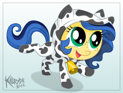 Size: 2100x1600 | Tagged: safe, artist:killryde, oc, oc only, oc:milky way, cow, pony, clothes, costume, cow suit, cowprint, cute, female, filly, footed sleeper, mare, ocbetes, pajamas, solo