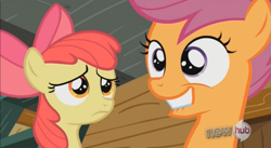 Size: 849x466 | Tagged: safe, screencap, apple bloom, scootaloo, sleepless in ponyville, hub logo, lip bite