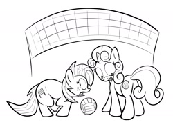 Size: 2000x1493 | Tagged: safe, artist:secoh2000, babs seed, sweetie belle, color me, lineart, monochrome, volleyball