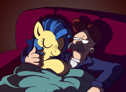 Size: 800x582 | Tagged: safe, artist:p.chronos, oc, oc:milky way, human, pony, /mlp/, bed, blanket, crossover, female, freckles, futurama, hilarious in hindsight, hug, janitor, mare, scruffy, sleeping, sofa